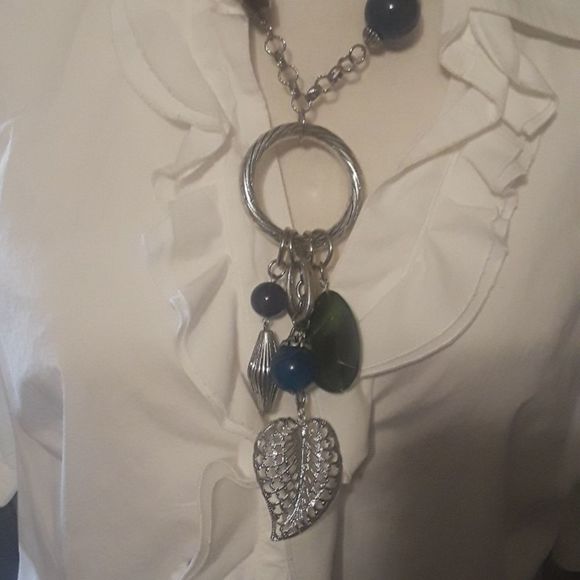 Beaded Silver Leaf Pendant Statement Necklace - Picture 2 of 10